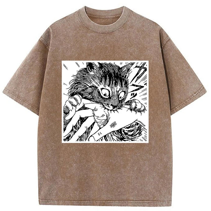 Modecanvas Creepy Cat Anime Horror Anteater Washed T-Shirt