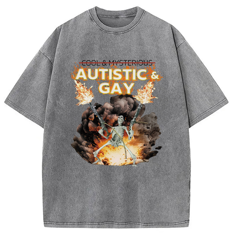 Modecanvas Autistic and Gay Skeleton Explosion DTG Printing Washed T-Shirt-modecanvas