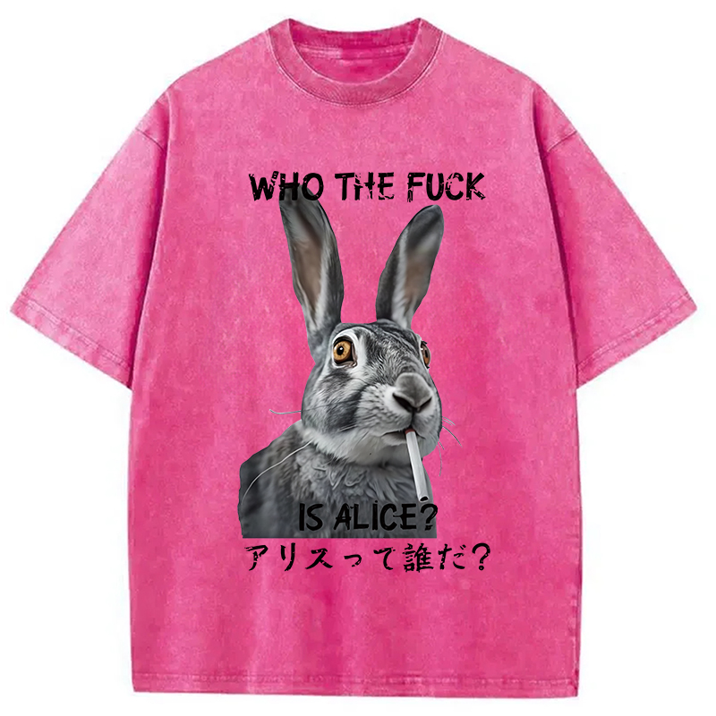 Modecanvas Who The Fvck Is Alice Funny Rabbit Smoking Washed T-Shirt