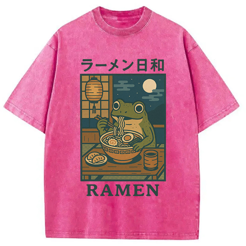 Modecanvas Japanese Frog Eating Ramen Washed T-Shirt-modecanvas