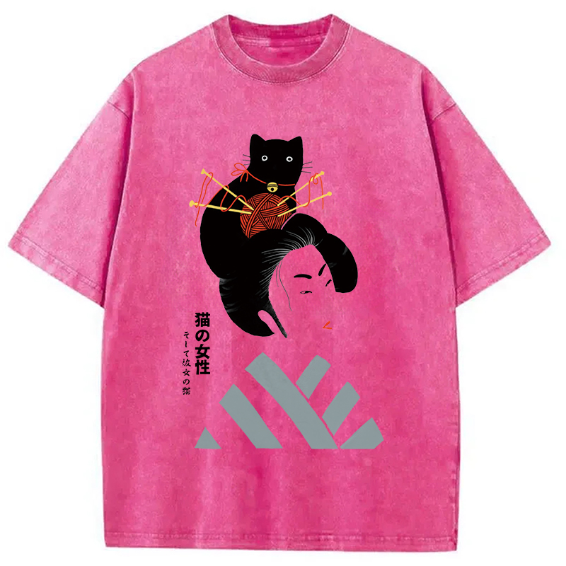 Modecanvas Geisha And Cat Washed T-Shirt