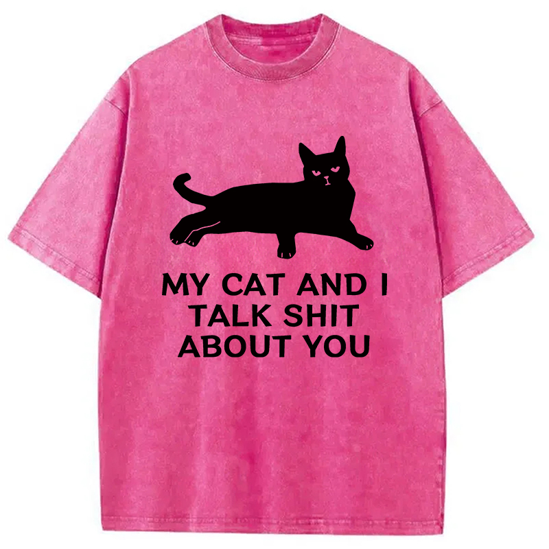 Modecanvas Gossiping Black Cat Washed T-Shirt-modecanvas
