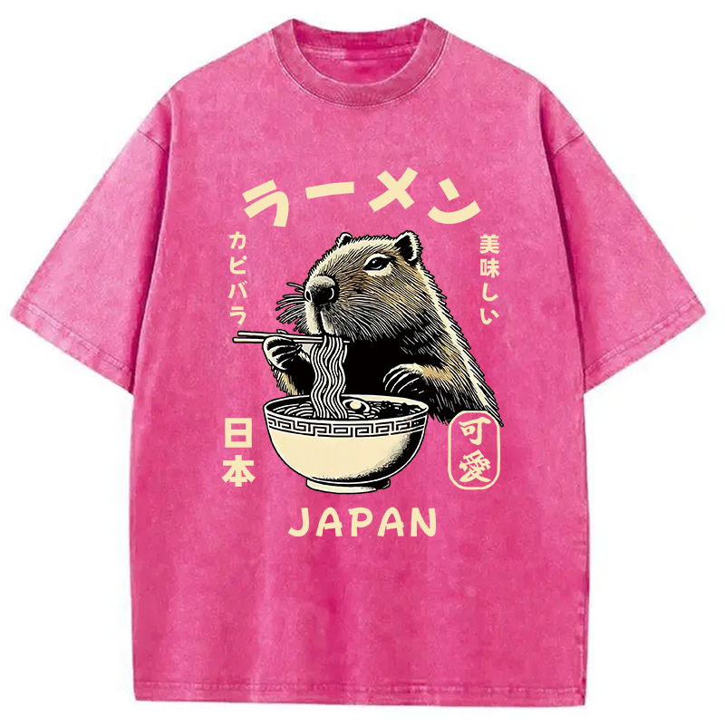 Modecanvas Retro Capybara Eating Ramen Japanese Washed T-Shirt