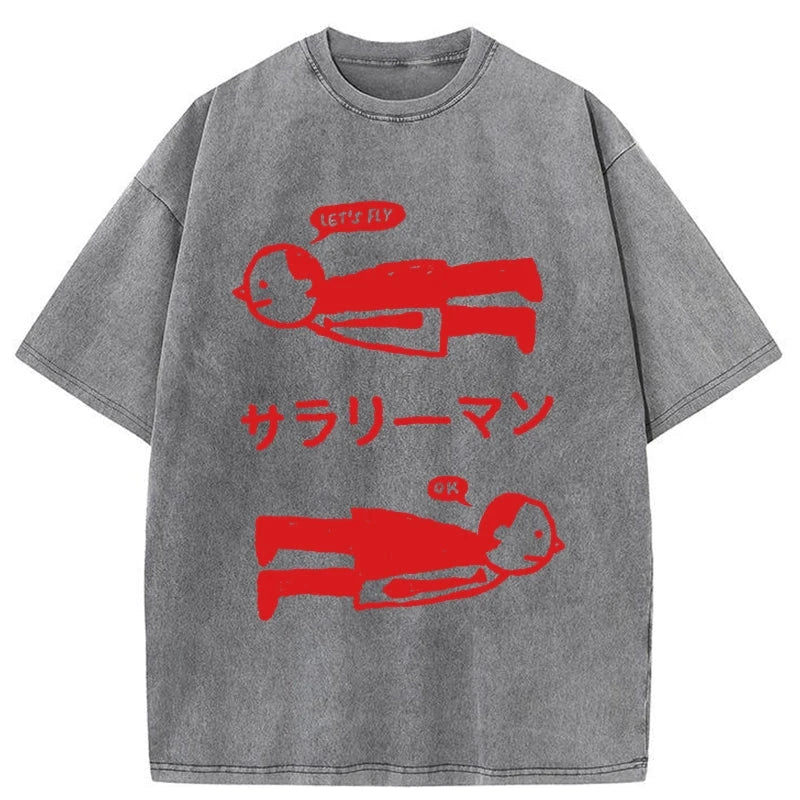 Modecanvas Let's Fly Office Worker Washed T-Shirt-modecanvas