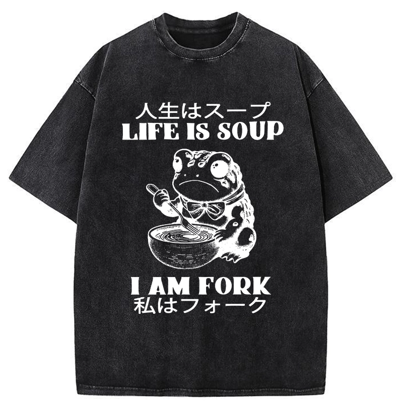 Modecanvas Life Is Soup I Am Fork Washed T-Shirt-modecanvas