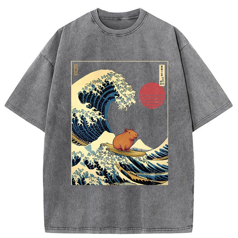 Modecanvas Capybara Surfing Washed T-Shirt-modecanvas