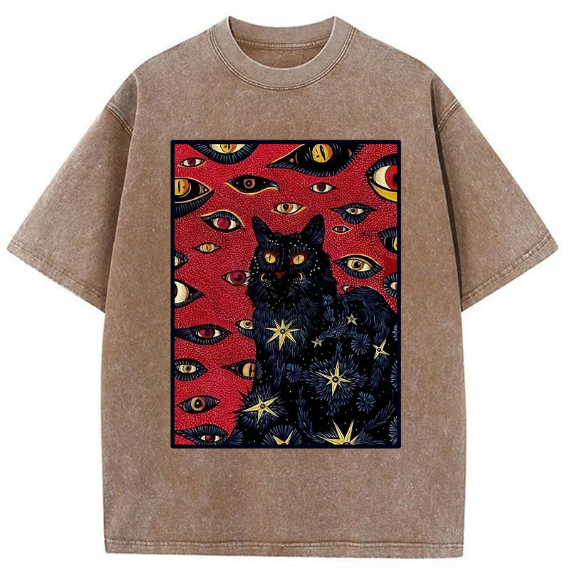Modecanvas Mysterious Cat Washed T-Shirt-modecanvas
