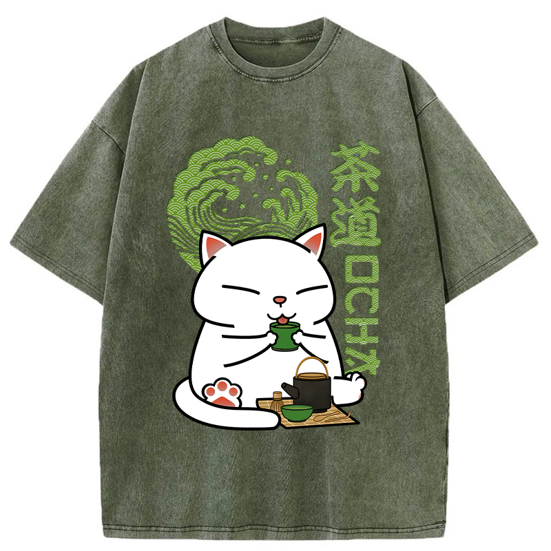 Modecanvas Cat Tasting Tea Washed T-Shirt