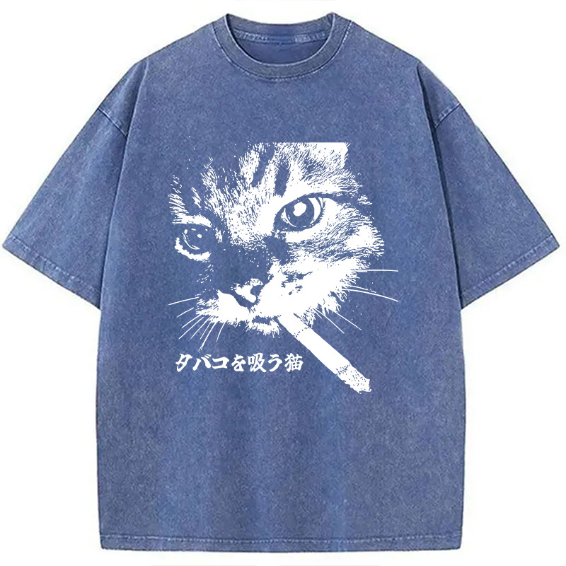 Modecanvas Retro Cat Smoking Washed T-Shirt-modecanvas