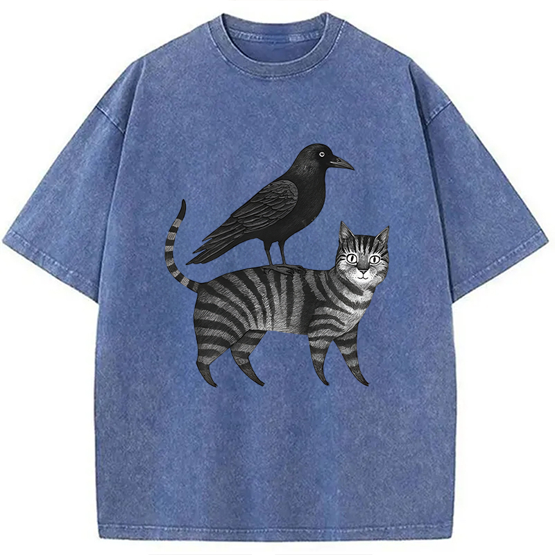 Modecanvas Crow Riding A Cat Washed T-Shirt
