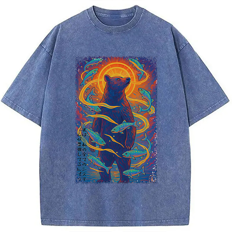 Modecanvas Ukiyoe Bear and Fish Vintage Poster Washed T-Shirt