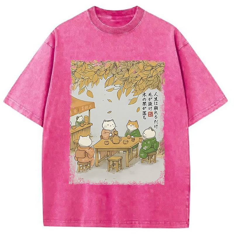 Modecanvas Cats Drinking Tea Under The Tree Washed T-Shirt
