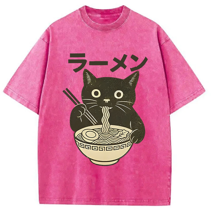 Modecanvas Simple Black Cat Eating Ramen Washed T-Shirt