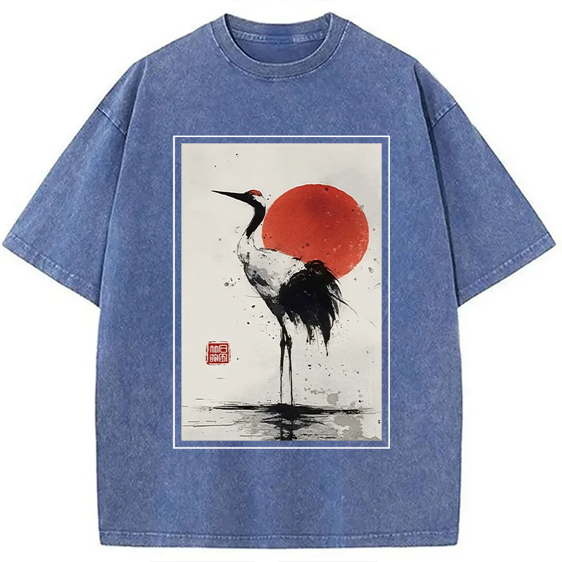 Modecanvas Retro Japanese Red-crowned Crane Washed T-Shirt