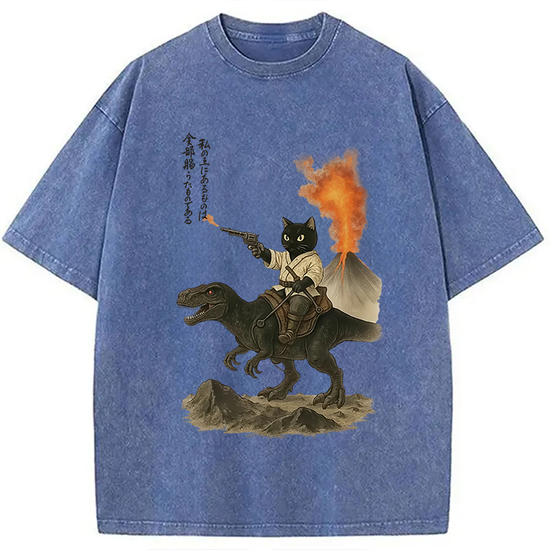 Modecanvas Cat Riding A Dinosaur Washed T-Shirt