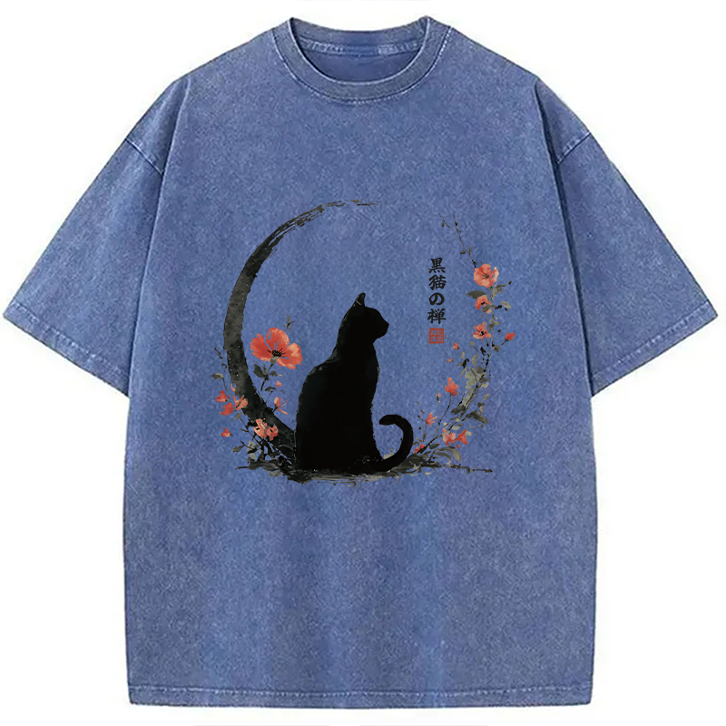 Modecanvas Black Cat And Flowers Washed T-Shirt