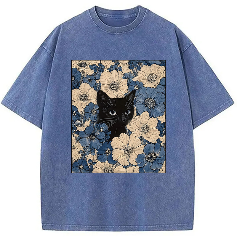 Modecanvas Cat In The Flowers Washed T-Shirt