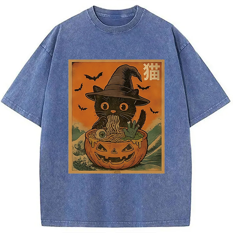 Modecanvas Halloween Cat Eating Ramen Washed T-Shirt