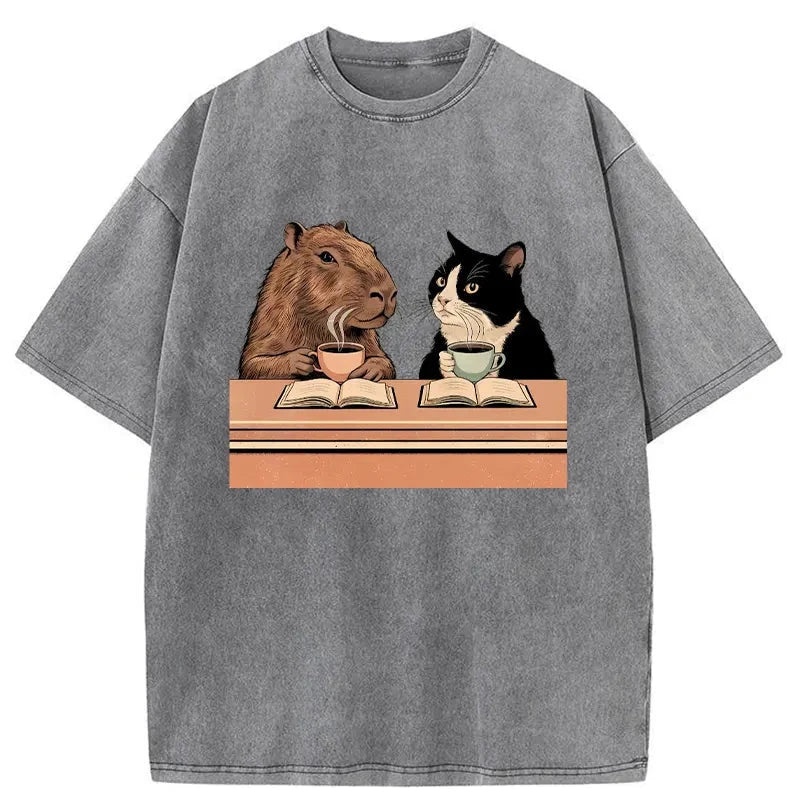 Modecanvas Capybara And Cat Talk Washed T-Shirt-modecanvas