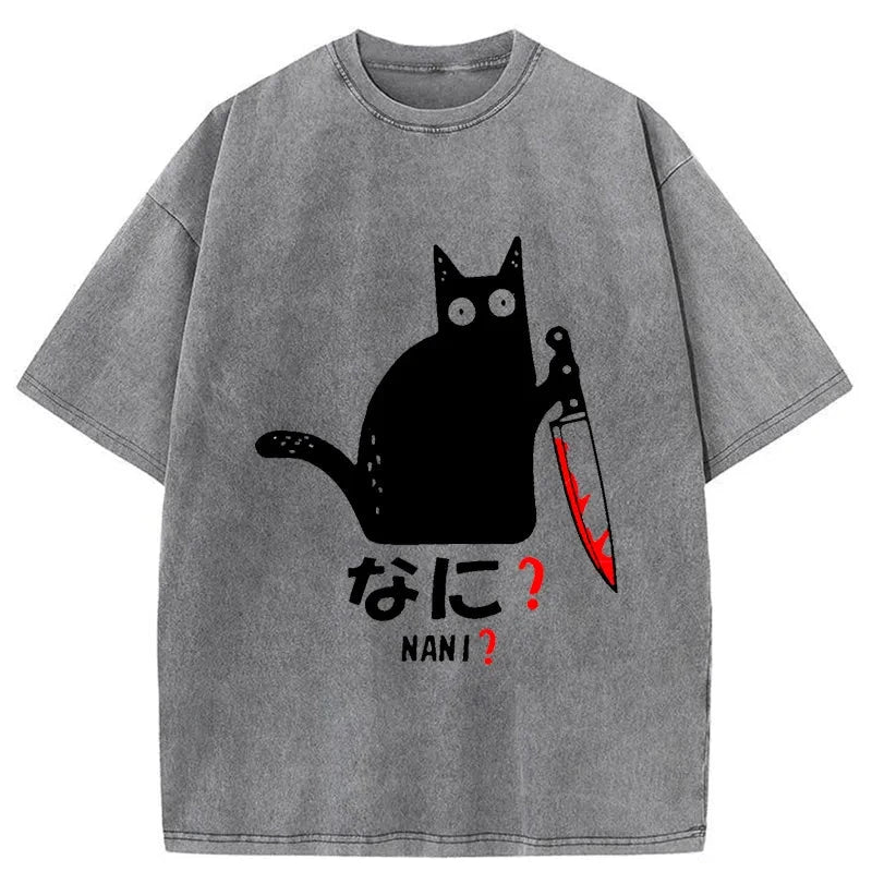 Modecanvas A Puzzled Cat Holding A Knife Washed T-Shirt-modecanvas