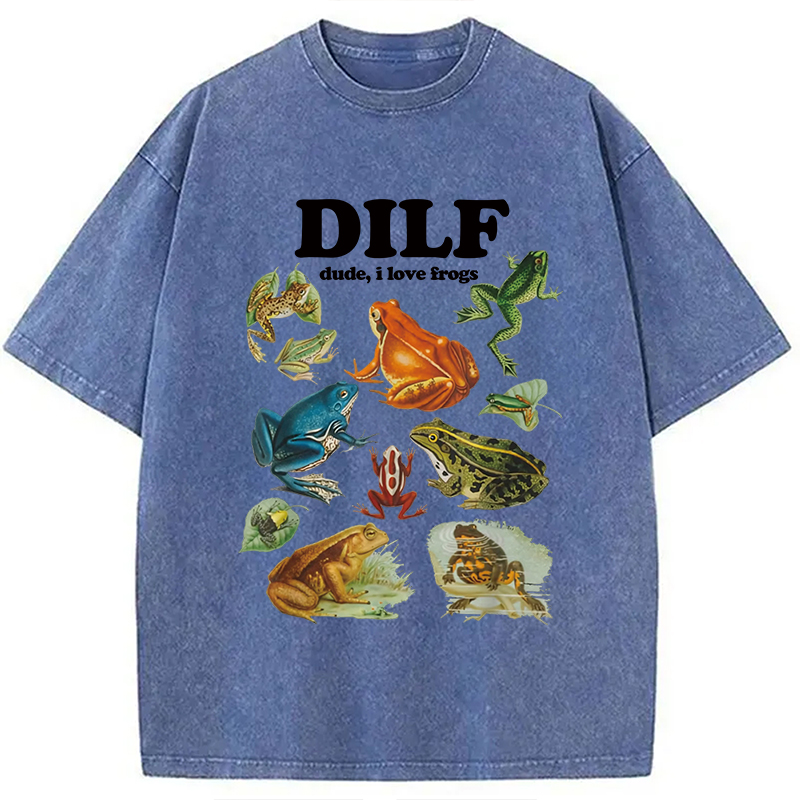 Modecanvas Dude I Love Frog Washed T-Shirt-modecanvas