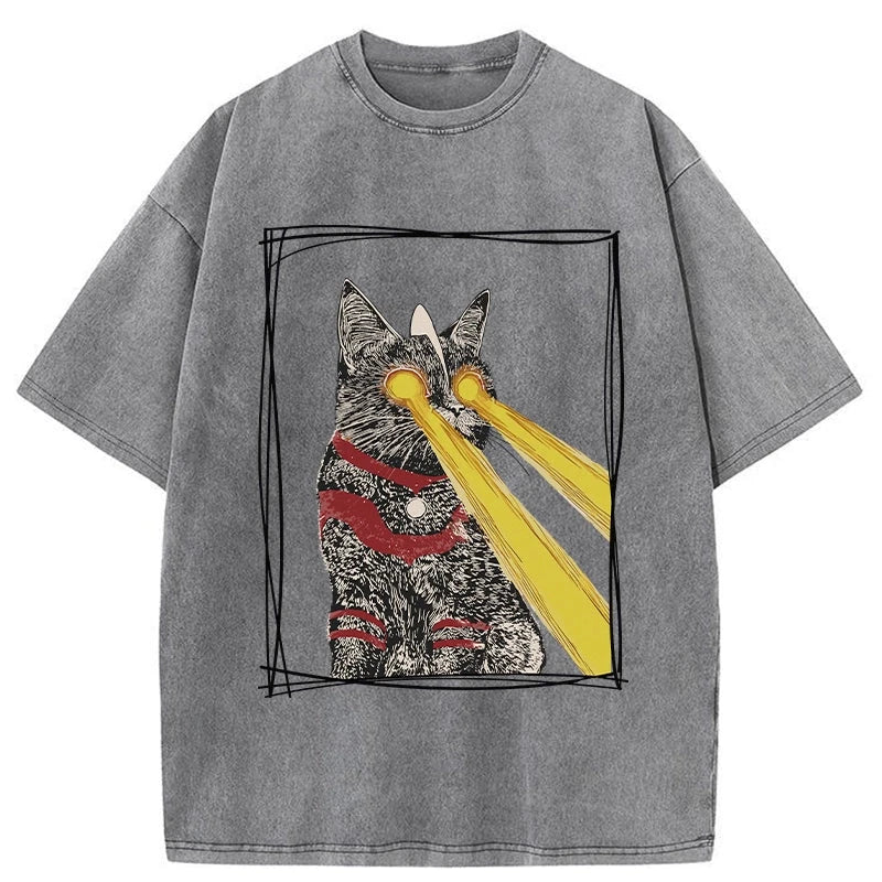 Modecanvas Laser Eye Cat Washed T-Shirt