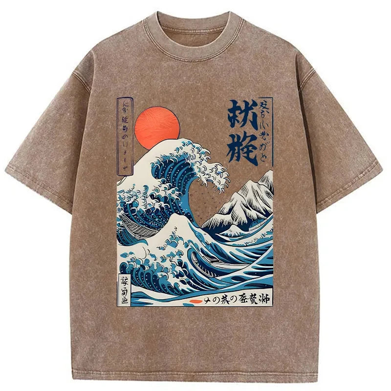 Modecanvas Ukiyo-e Ocean Waves Japan Washed T-Shirt-modecanvas