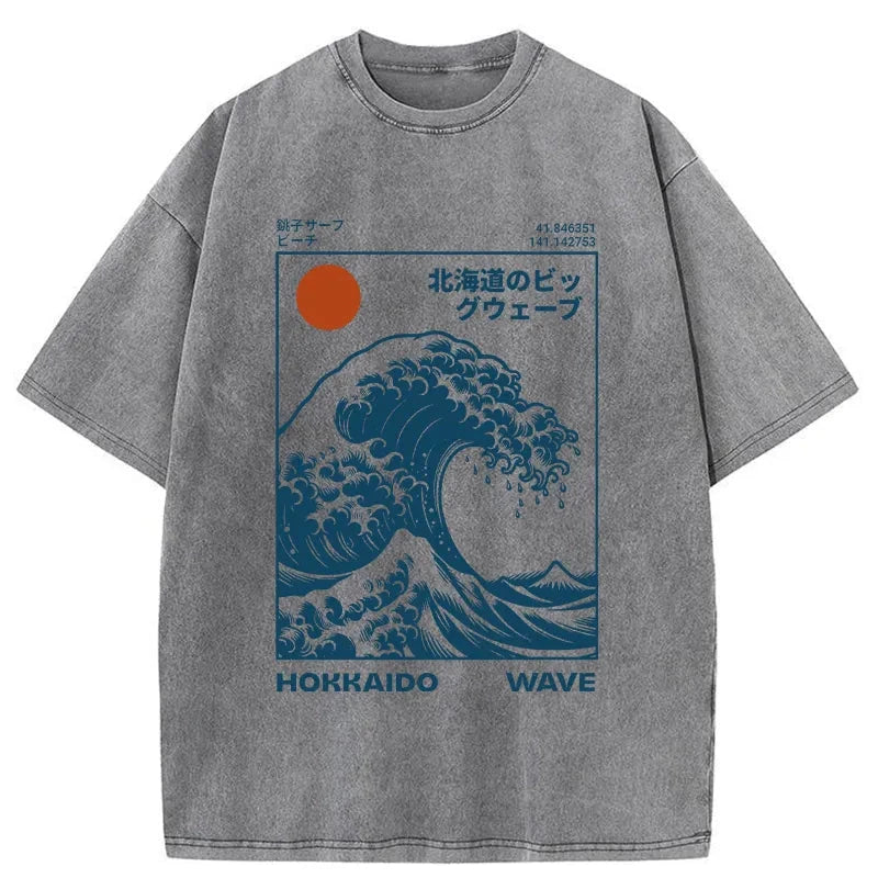 Modecanvas Hokkaido Wave Japan Washed T-Shirt-modecanvas