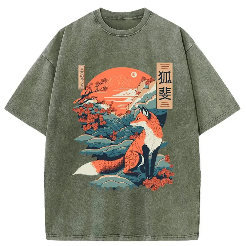 Modecanvas Japanese Kitsune Fox Sakura Washed T-Shirt