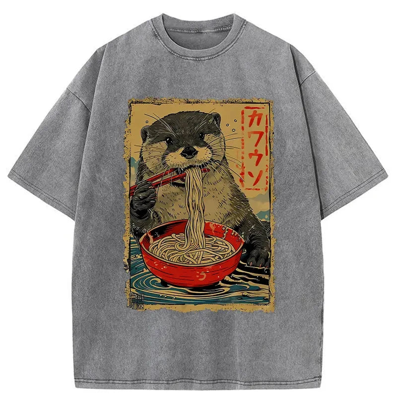 Modecanvas Otter Eating Ramen Japan Washed T-Shirt