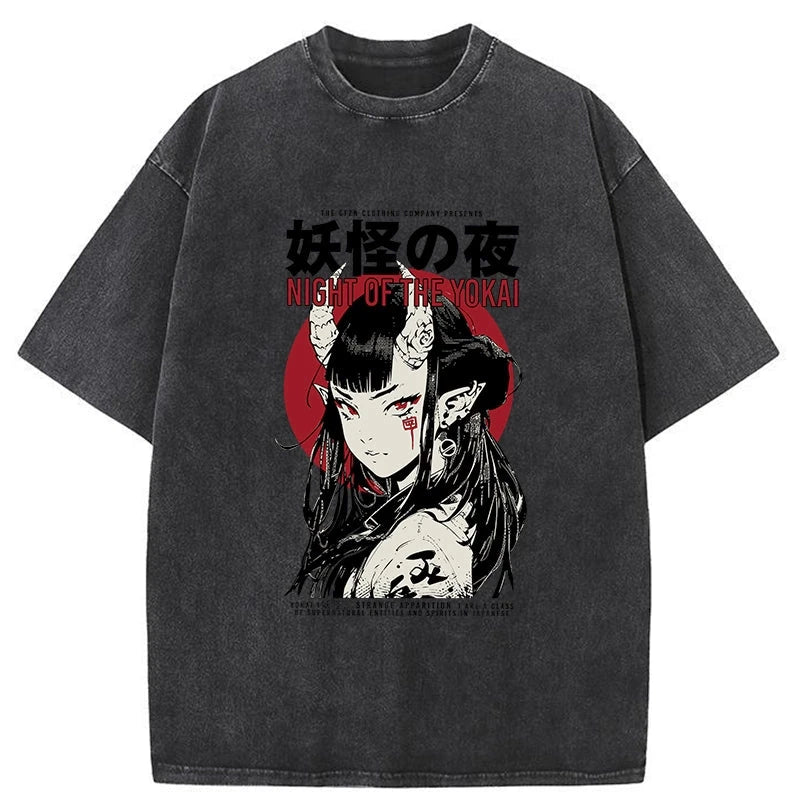 Modecanvas Yokai Aesthetic Japanese Streetwear Washed T-Shirt