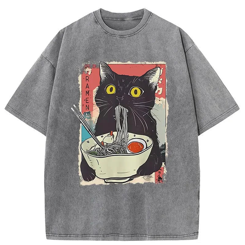 Modecanvas Cute Cat Eating Ramen Washed T-Shirt-modecanvas