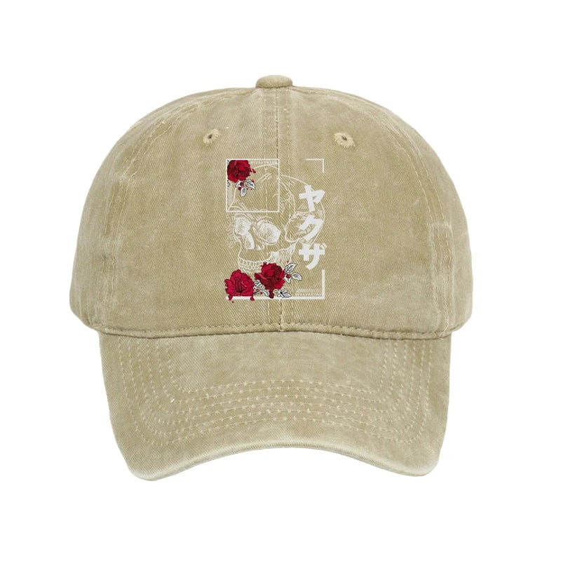 Modecanvas Skull Roses Japanese Aesthetic Washed Cap-modecanvas