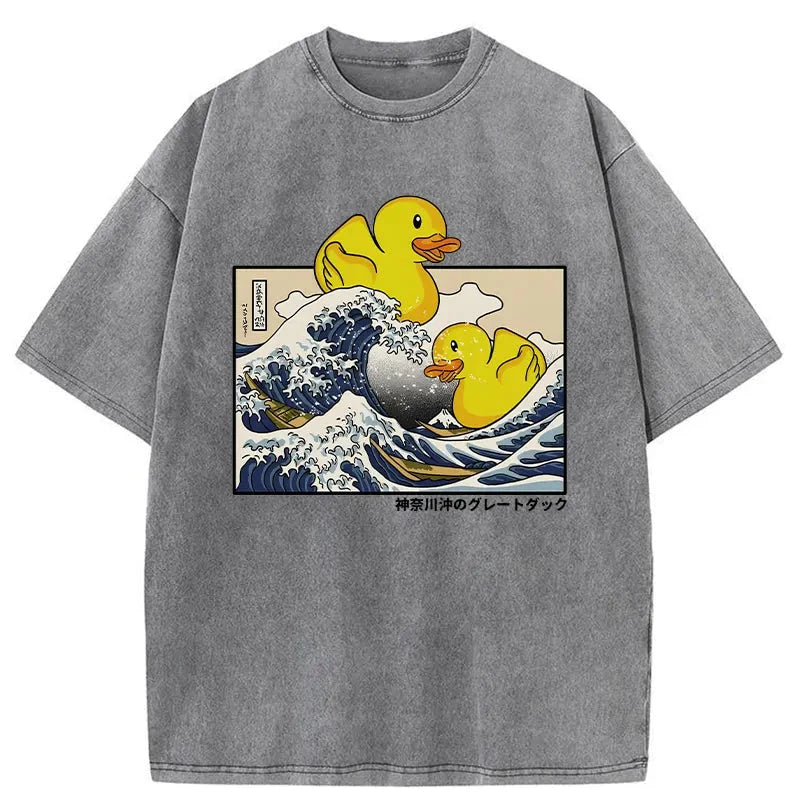 Modecanvas Ukiyoe Waves And Cute Yellow Duck Washed T-Shirt-modecanvas