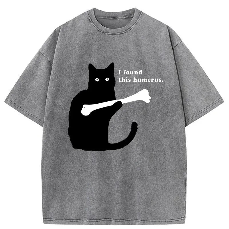 Modecanvas Cat Finds Human Bones Washed T-Shirt-modecanvas