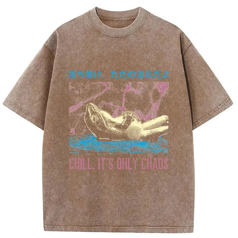 Modecanvas Stay Calm Frog Japanese DTG Printing Washed T-Shirt-modecanvas