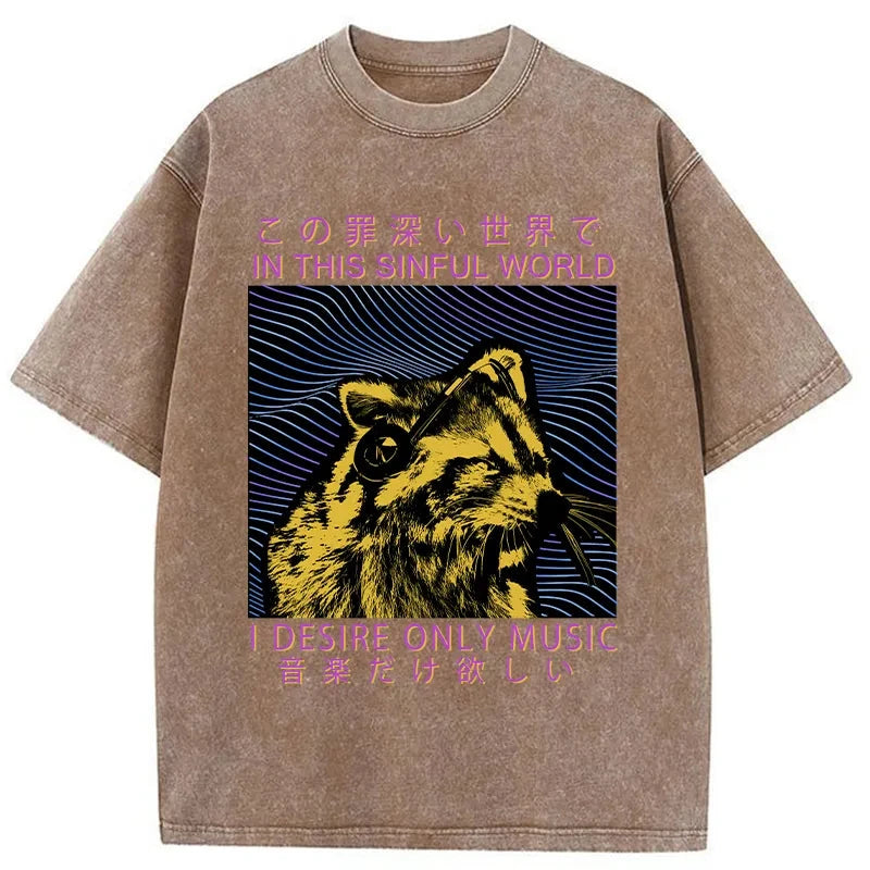 Modecanvas Raccoon Listening To Music Washed T-Shirt