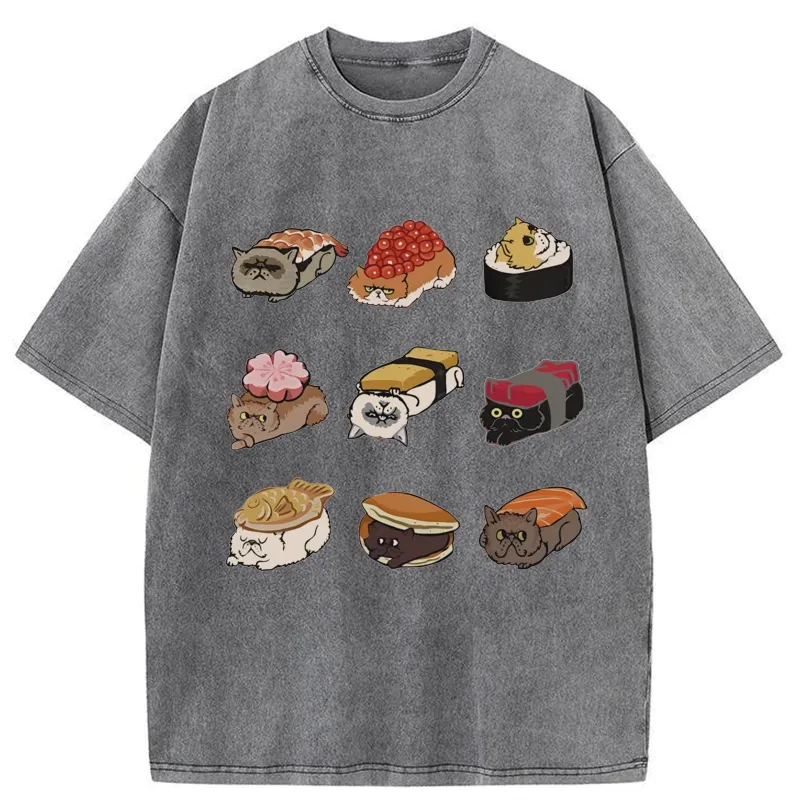 Modecanvas Cute Cat Sushi Washed T-Shirt
