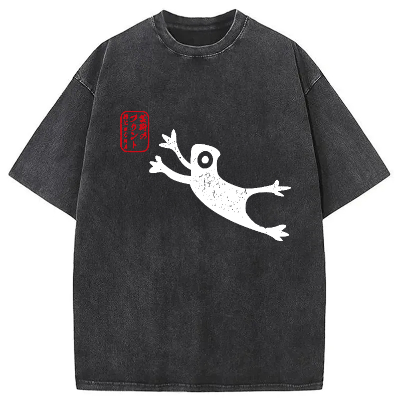Modecanvas Funny Grumpy Japanese Frog Washed T-Shirt