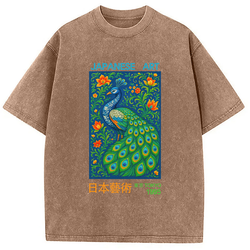 Modecanvas Majestic Peacock Japanese Art Washed T-Shirt