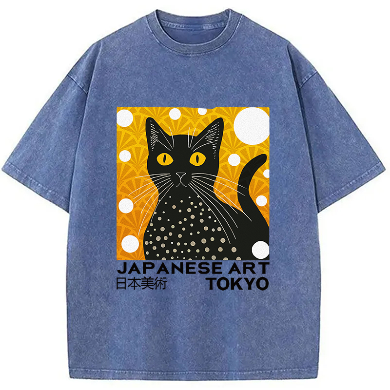 Modecanvas Black Cat Janpanese Art Washed T-Shirt