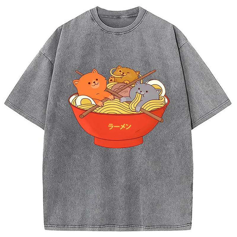 Modecanvas Cute Cat Ramen Washed T-Shirt