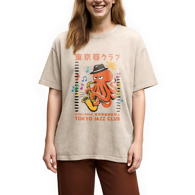 Modecanvas Japanese Octopus In Band DTG Printing Washed T-Shirt