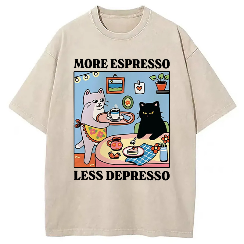 Modecanvas More Espresso Less Depresso Black Cat Kitchen Washed T-Shirt