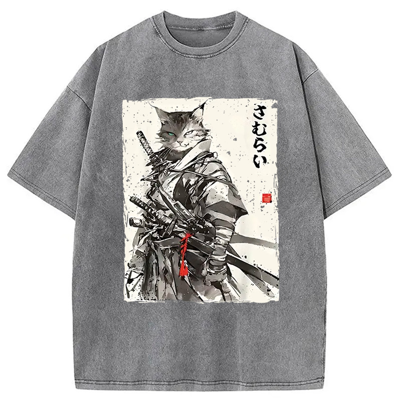 Modecanvas Retro Japanese Cat Samurai Washed T-Shirt