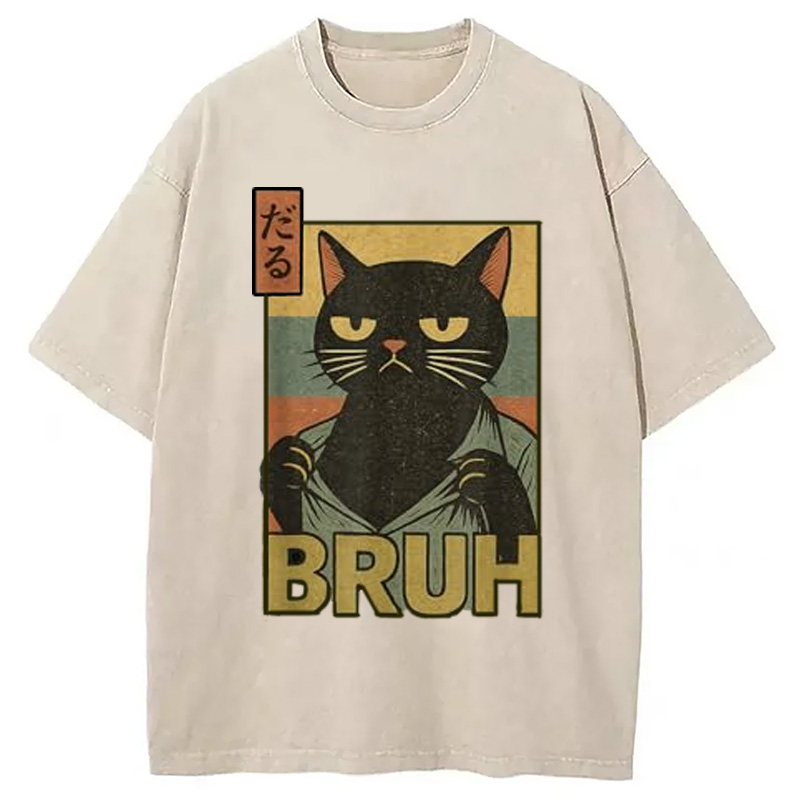 Modecanvas Funny Cat Bruh Washed T-Shirt