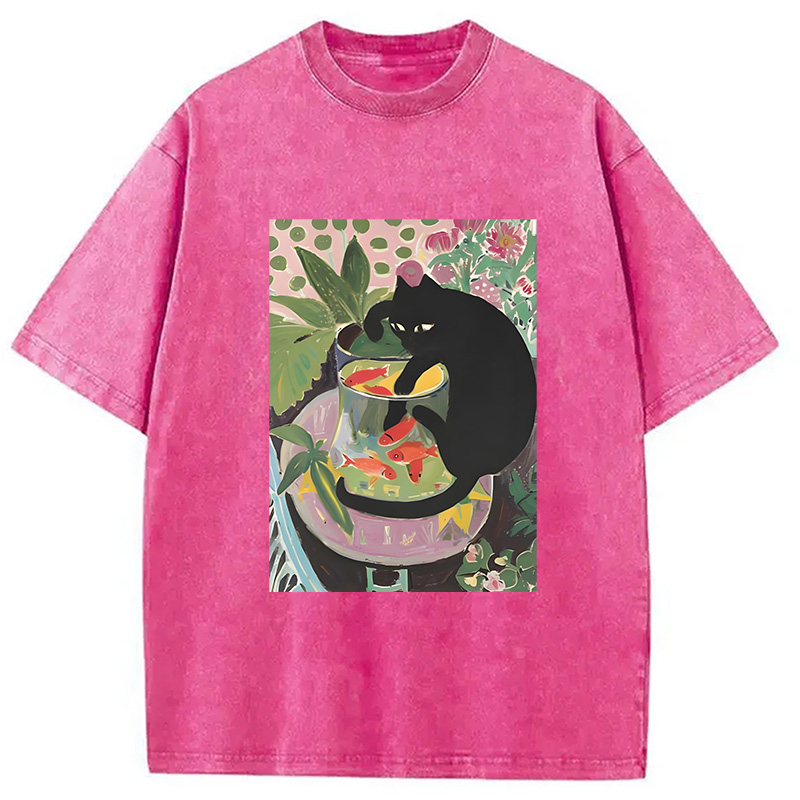 Modecanvas Goldfish And A Cat Washed T-Shirt