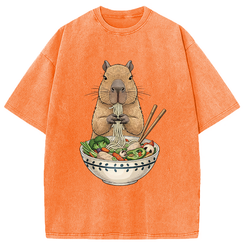 Modecanvas Funny Capybara Eating Ramen DTG Printing Washed T-Shirt