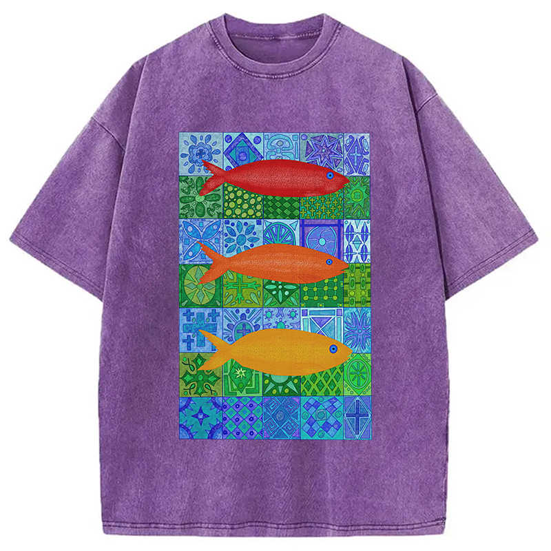 Modecanvas Three Fishes DTG Printing Washed T-Shirt