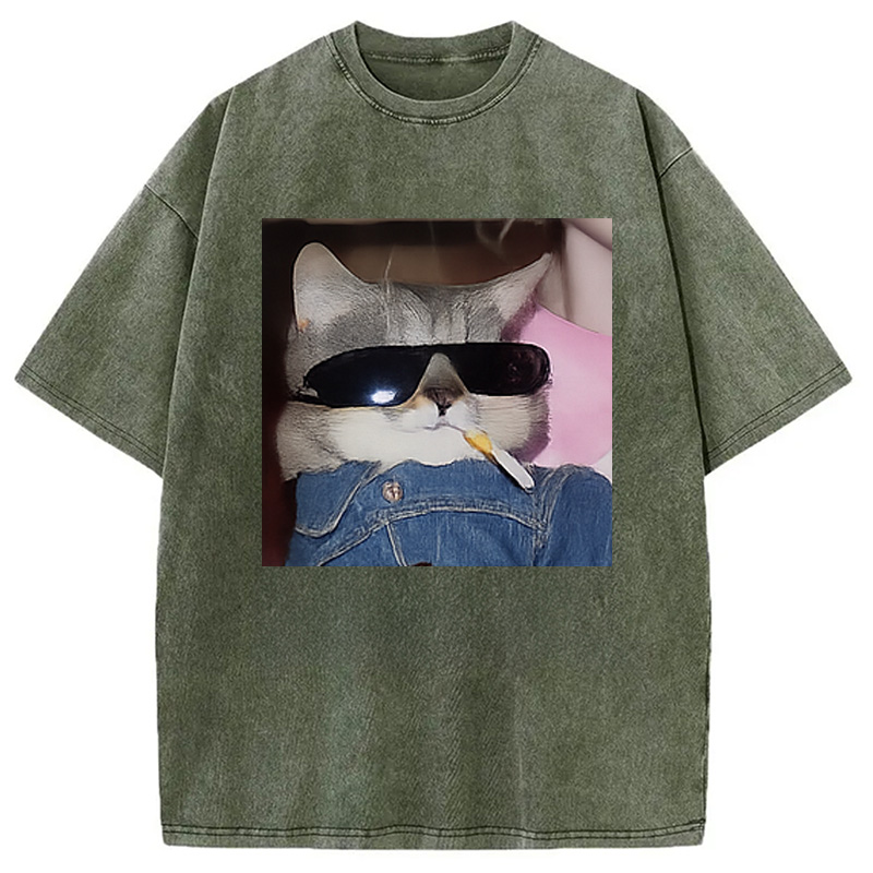Modecanvas Funny Smoking Cat Meme Washed T-Shirt